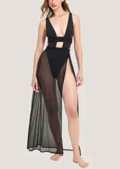 BLUEBELLA Topaz Long Chemise (Black) -Underwear Specialty Store bluebella topaz long chemise black lace mesh soft nightwear sleepwear loungewear elegant dress B