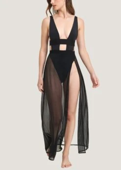 BLUEBELLA Topaz Long Chemise (Black) -Underwear Specialty Store bluebella topaz long chemise black lace mesh soft nightwear sleepwear loungewear elegant dress D