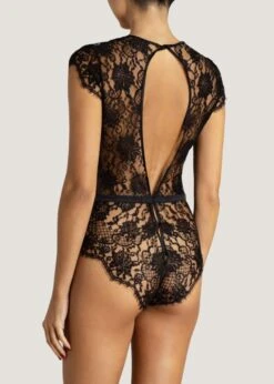 Hera Bodysuit (Black) -Underwear Specialty Store coco de mer hera bodysuit black lace silk plunge neck luxury lingerie C