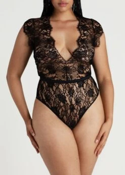 Hera Bodysuit (Black) -Underwear Specialty Store coco de mer hera bodysuit black lace silk plunge neck luxury lingerie D