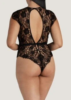 Hera Bodysuit (Black) -Underwear Specialty Store coco de mer hera bodysuit black lace silk plunge neck luxury lingerie E