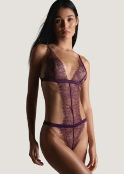 Maison Close Villa Satine Thong Body (Purple) -Underwear Specialty Store maison close villa satine thong body purple lace non padded non wired bodywear sexy luxury lingerie D