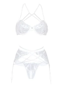 Elvira Lace Bra, Thong And Suspender (White)