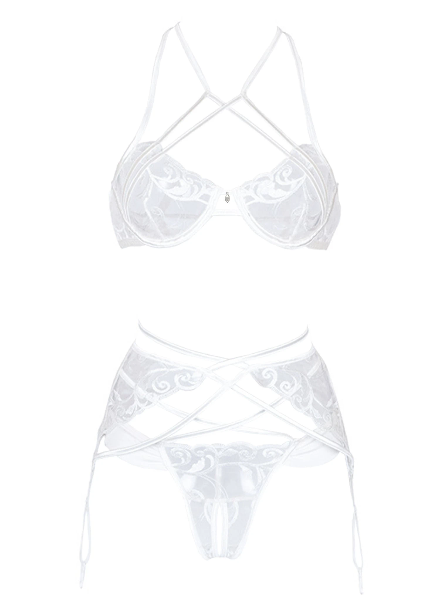 Elvira Lace Bra, Thong And Suspender (White) 3 Elvira Lace Bra, Thong And Suspender (White)
