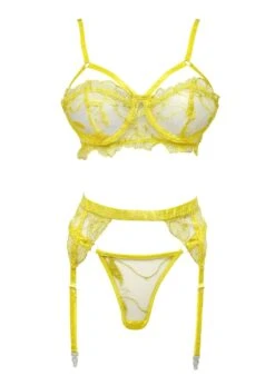 Julie Yellow Bra, Thong And Suspender Set