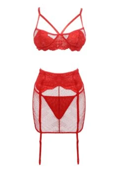 Katie (Red) Fishnet Bralette, Thong & Suspender Skirt