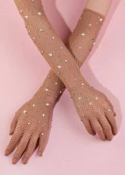 Rhinestone Fishnet Gloves (Beige) -Underwear Specialty Store unleashed rhinestone fishnet gloves full arm sexy lingerie accessories beige C