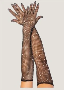 Rhinestone Fishnet Gloves (Black)